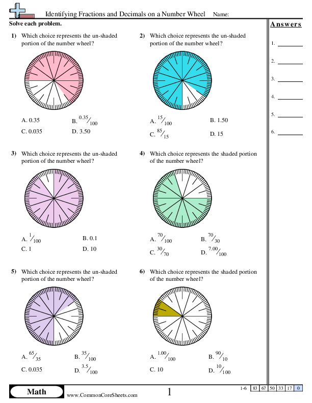 Fraction Worksheets - Identifying Fractions and Decimals on a Number Wheel worksheet